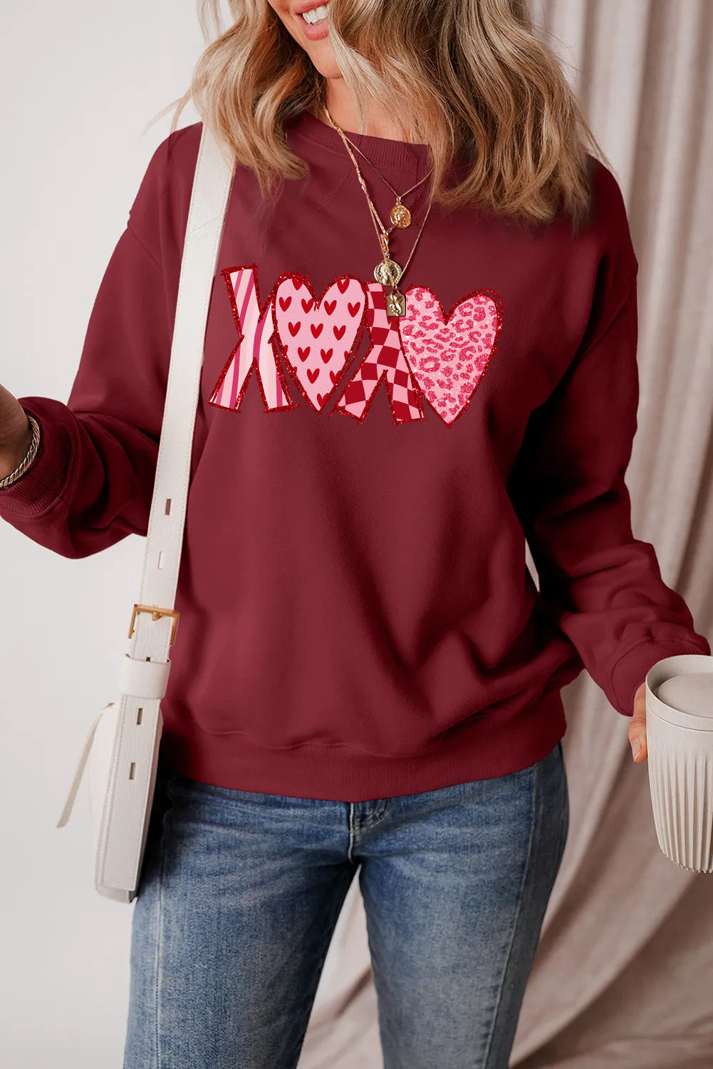 Valentine’s Day XOXO Patchwork Heart Graphic Sweatshirt