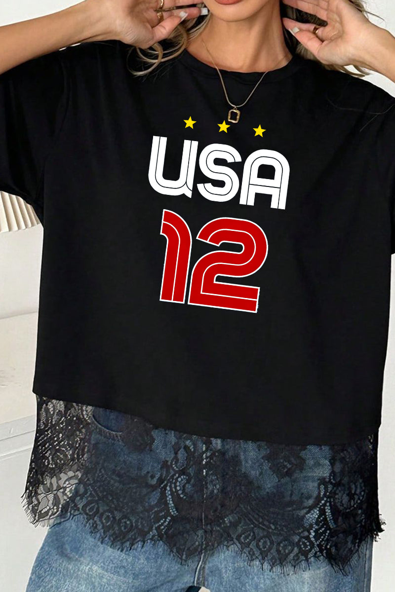 USA 12 Graphic Lace Hem Oversized World Cup T Shirt