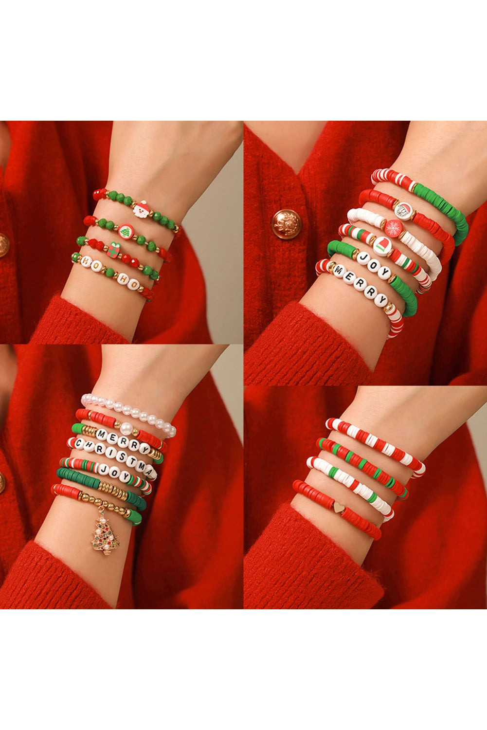 Fiery Red Christmas Color Polymer Clay 4pcs Bracelet Set