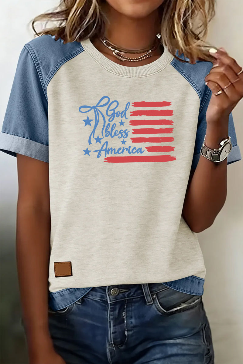Letter Flag Denim Patchwork Tee Casual