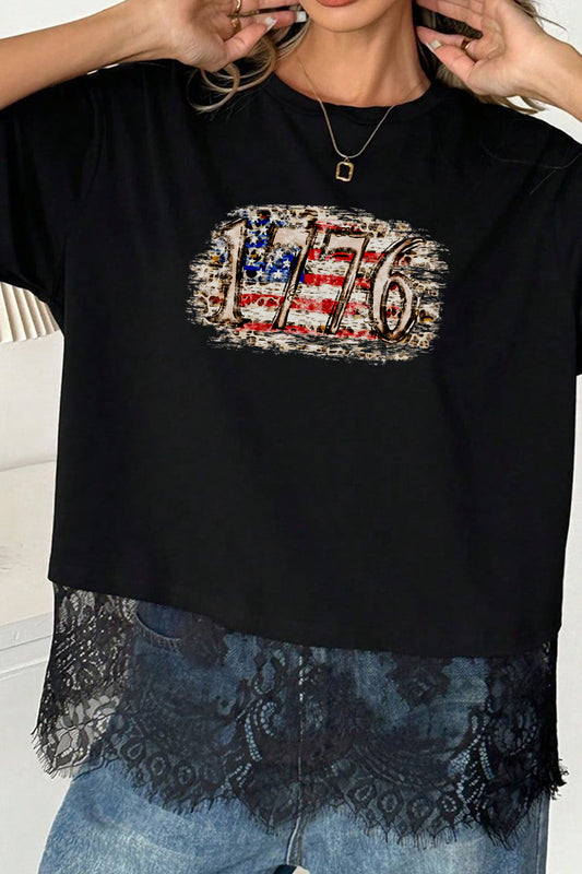 USA 1776 Graphic Tee Lightweight Lace Hem Patriotic Shirt