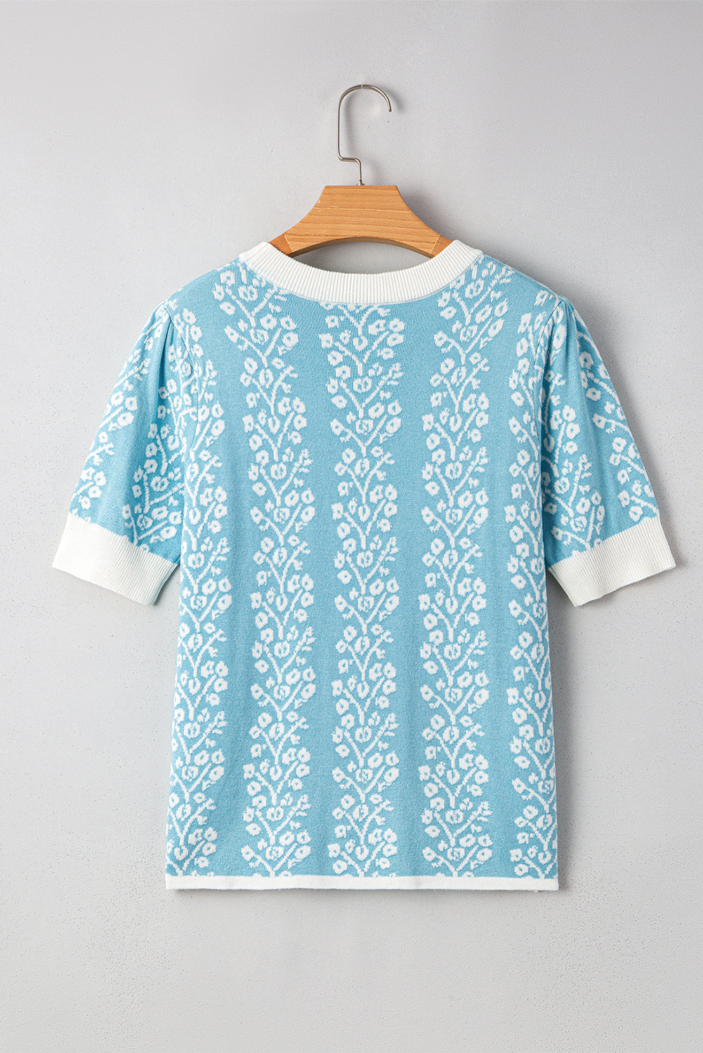 Sky Blue Contrast Floral Crewneck Short Sleeve Sweater