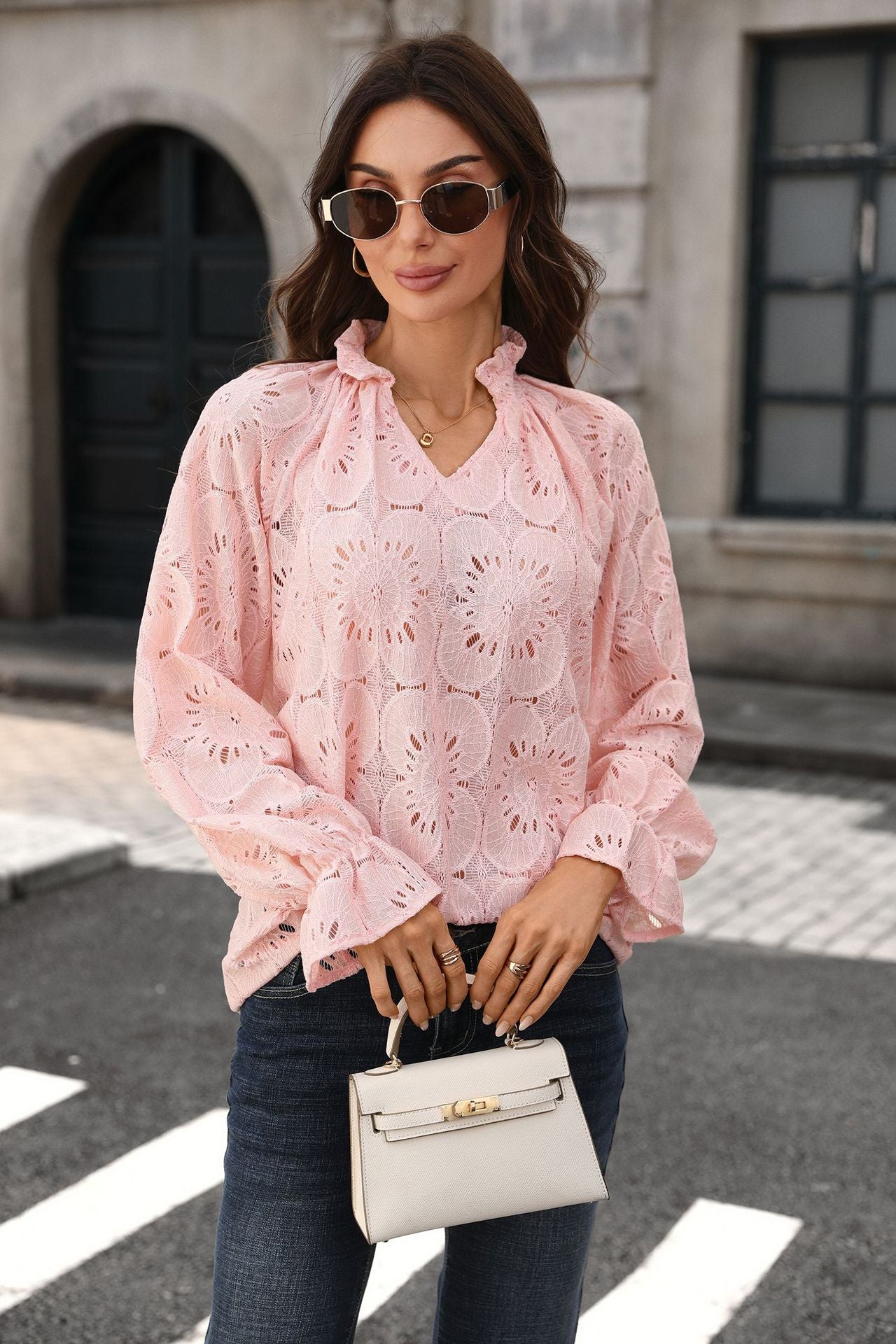 Eyelet Lace V Neck Top Long Sleeve Loose Casual Blouse