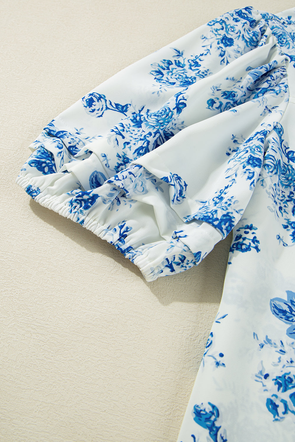 Sky Blue Floral Tiered Puff Short Sleeve Pleated Bust Buttoned Casual Shirt