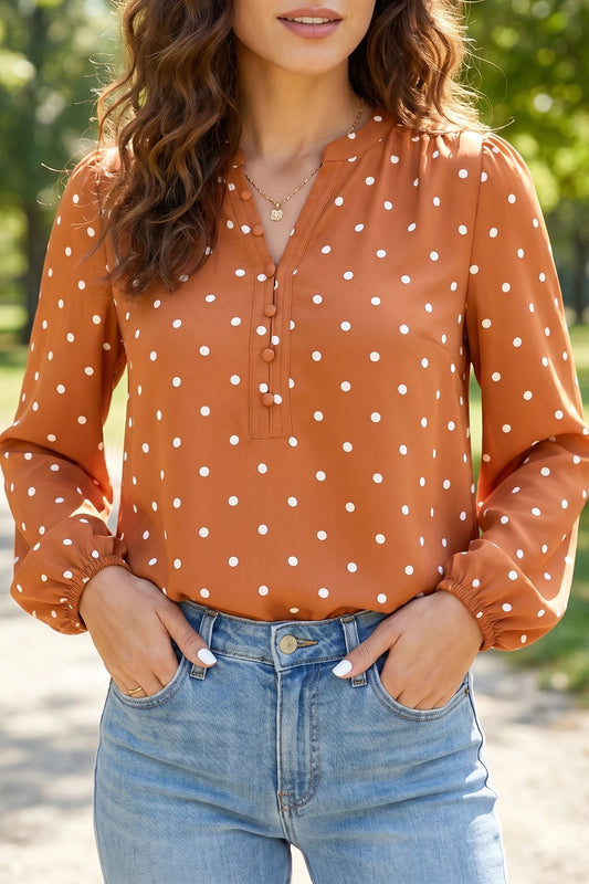Polka Dot Half Button V Neck Long Sleeve Blouse