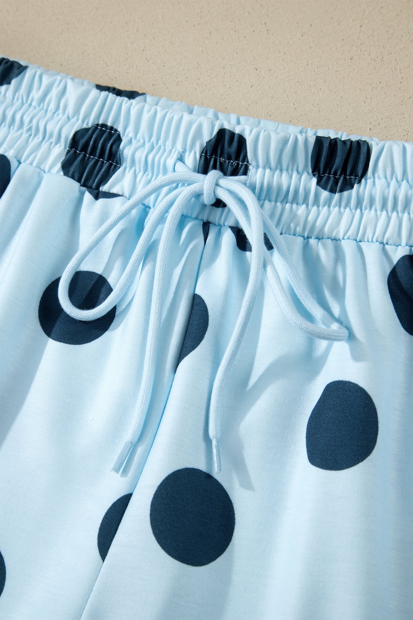 Black Polka Dot Print Loose Tee Drawstring Elastic Waist Short Set