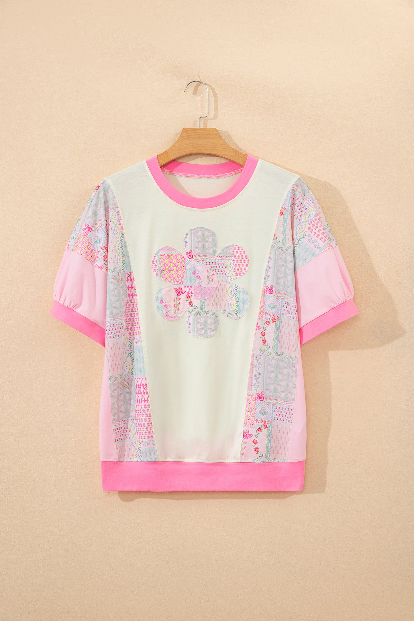 Beige Color Block Floral Patchwork Big Flower Accent Relaxed Top