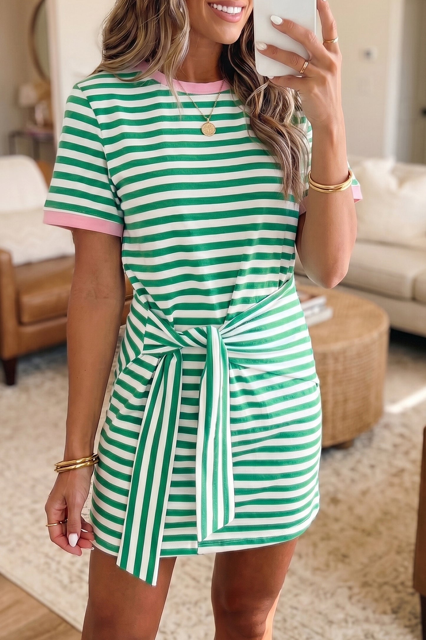 Striped Cotton Knot Front Tee Dress Casual Summer Shift Dress