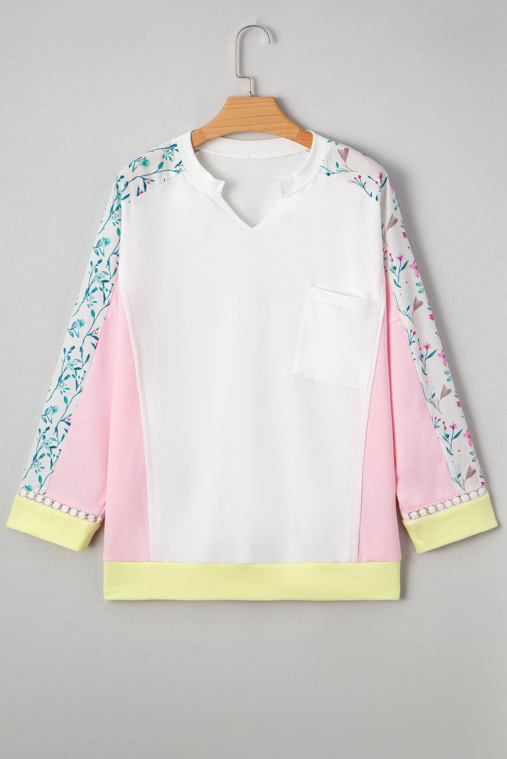 Light Pink Floral Colorblock Patchwork Chest Pocket Notched Neck Long Sleeve Top
