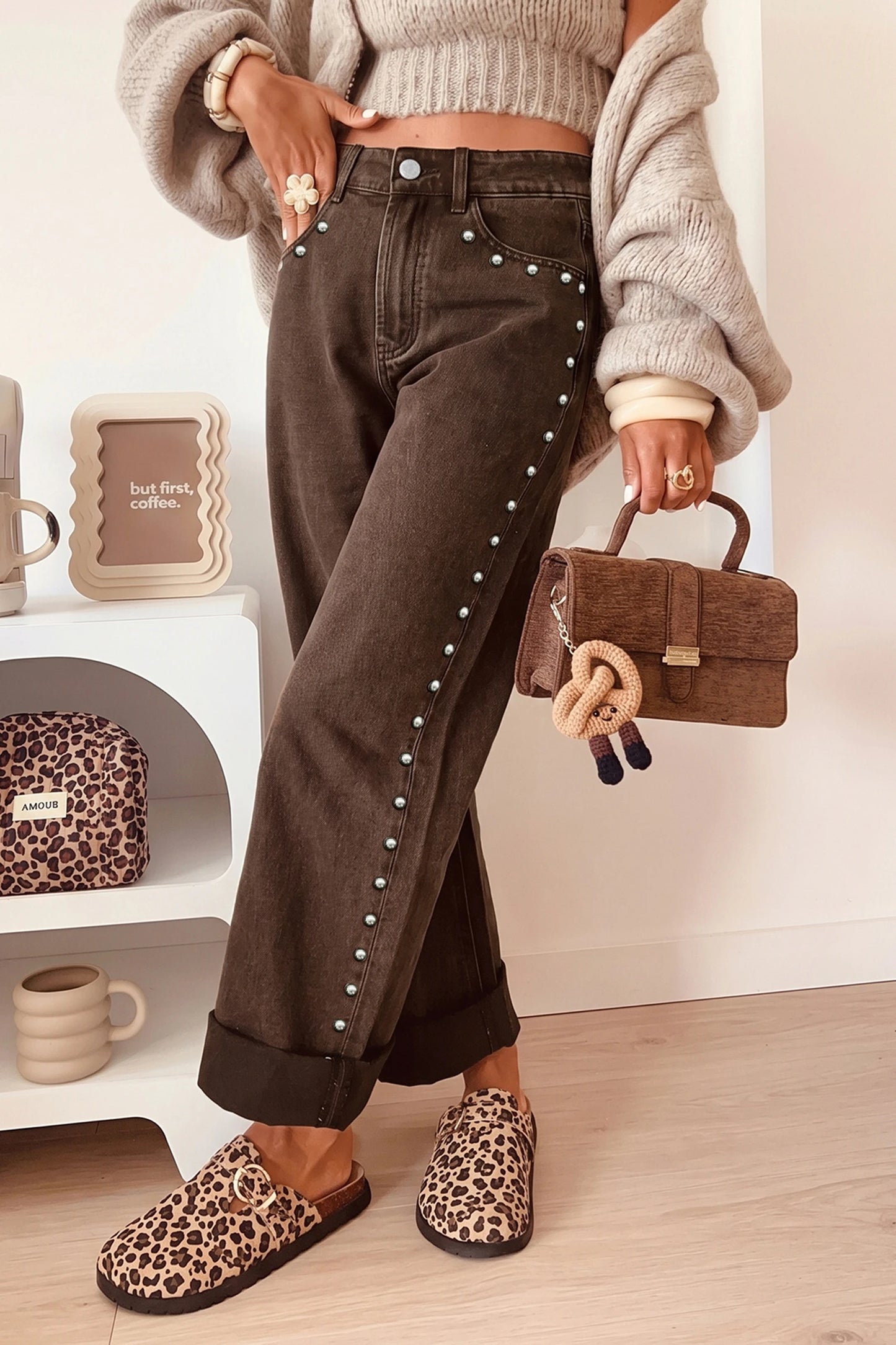 Black Studded Detail Straight Leg Casual Loose Jeans