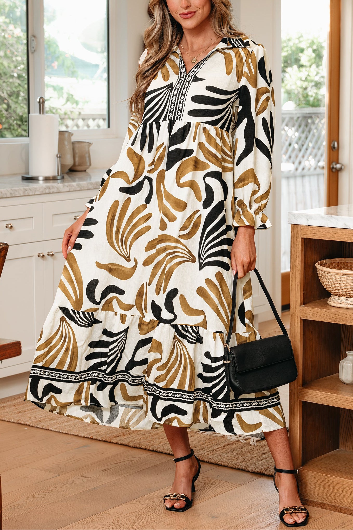 Brown Tropical Printed Contrast Trim Neck Long Sleeve Ruffle Hem Dress