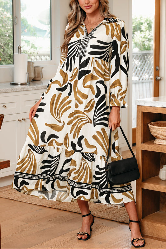 Brown Tropical Printed Contrast Trim Neck Long Sleeve Ruffle Hem Dress