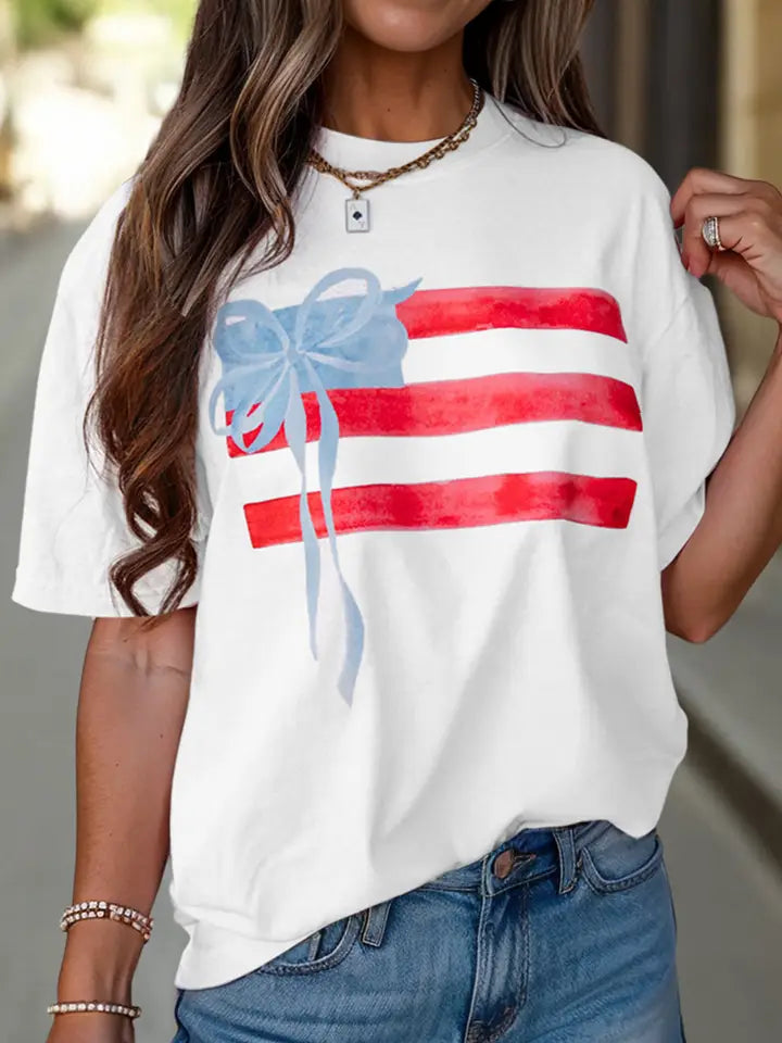 Light Pink Flag Bow Graphic Crewneck Tee