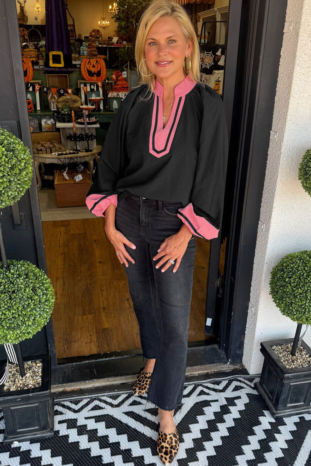 Jet Stream Color Block Patchwork Detail V Neck Textured Long Sleeve Blouse