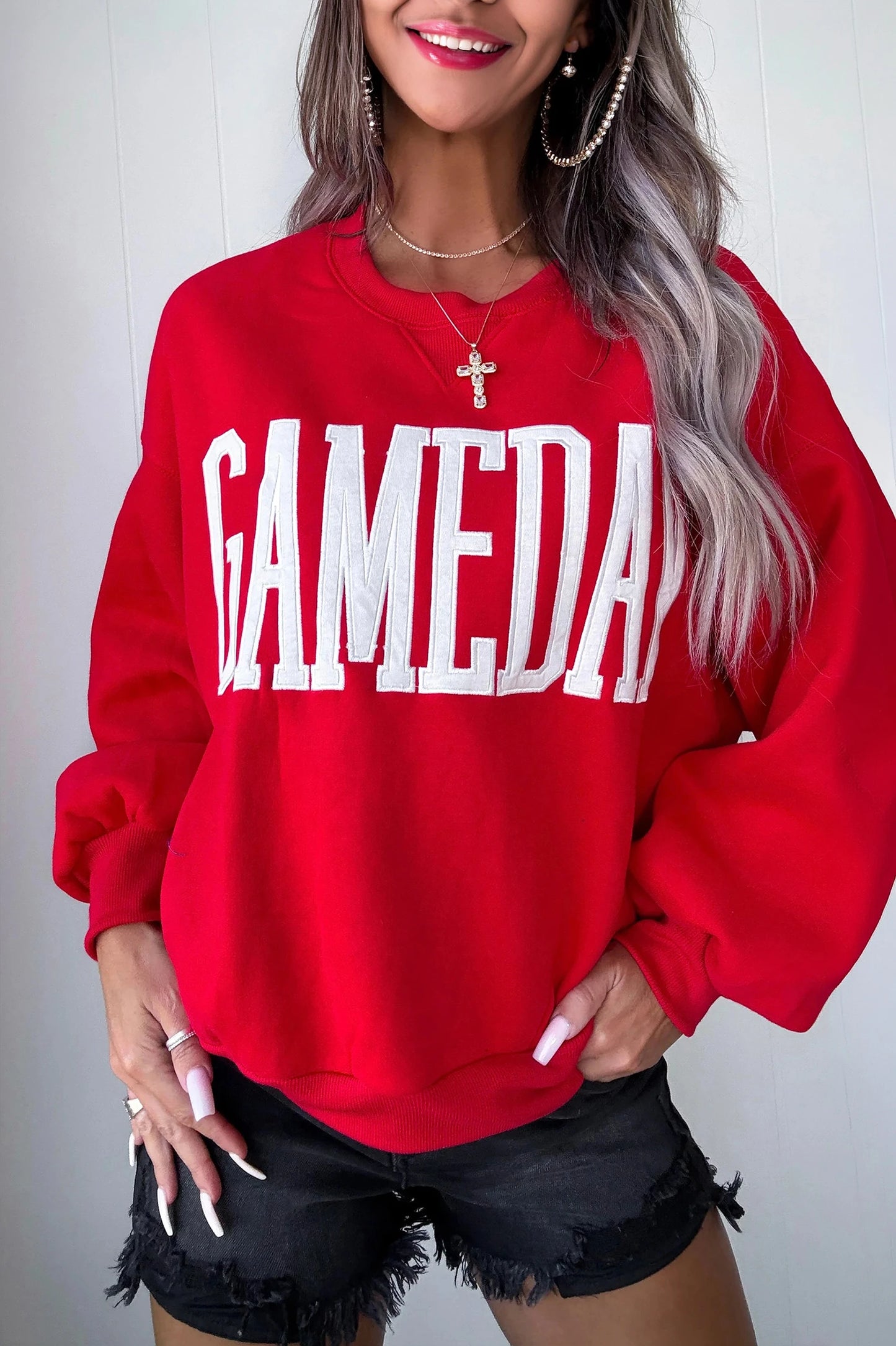 GAMEDAY Embroidered Patch Pattern Casual Shift Sweatshirt