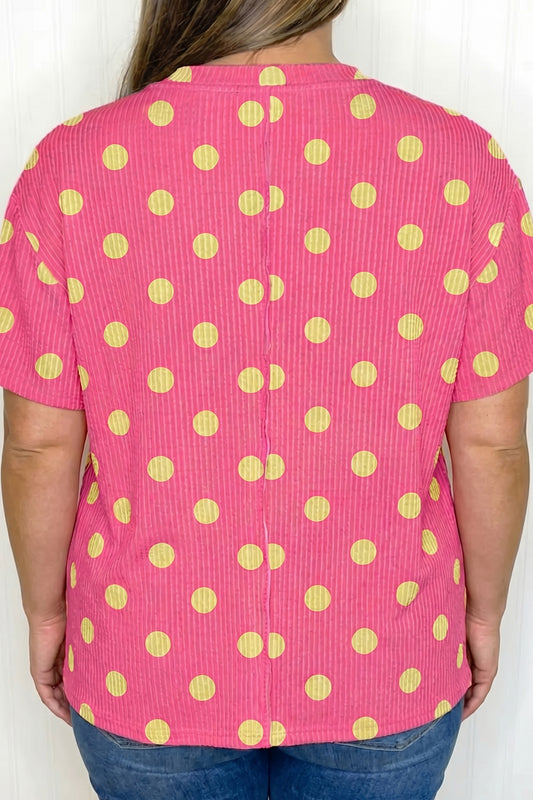 Polka Dot Waffle Knit Plus Size Pocket Top