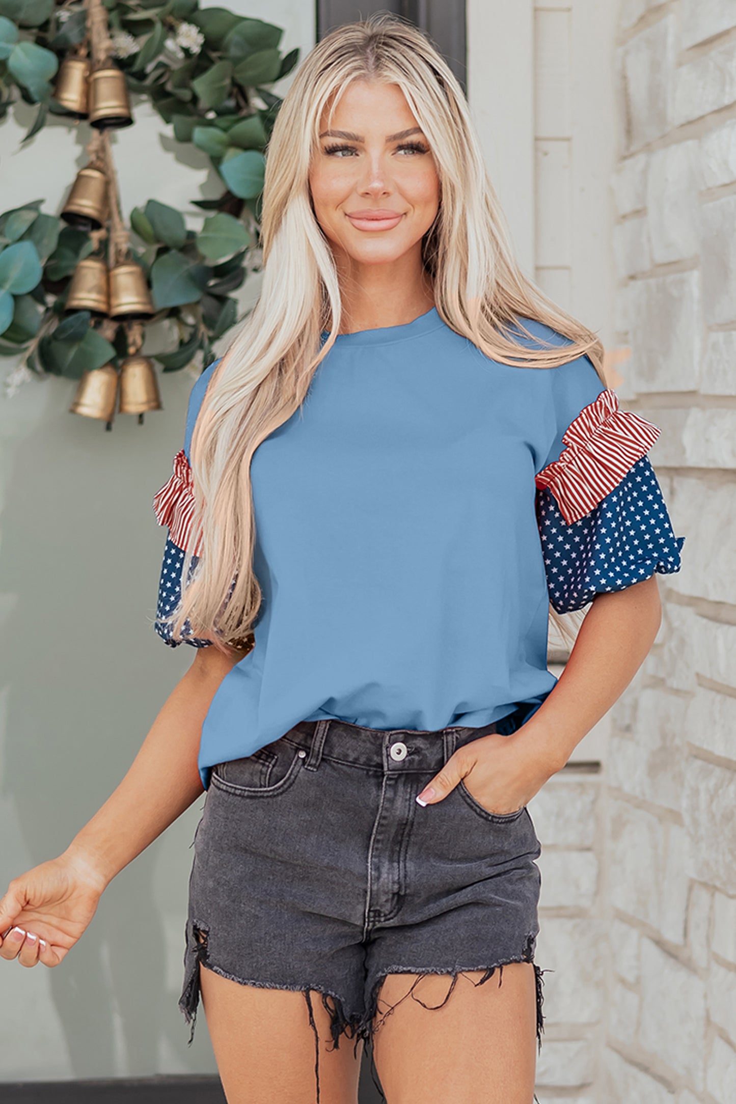 Fiery Red Stars Stripes Short Puff Sleeve Top