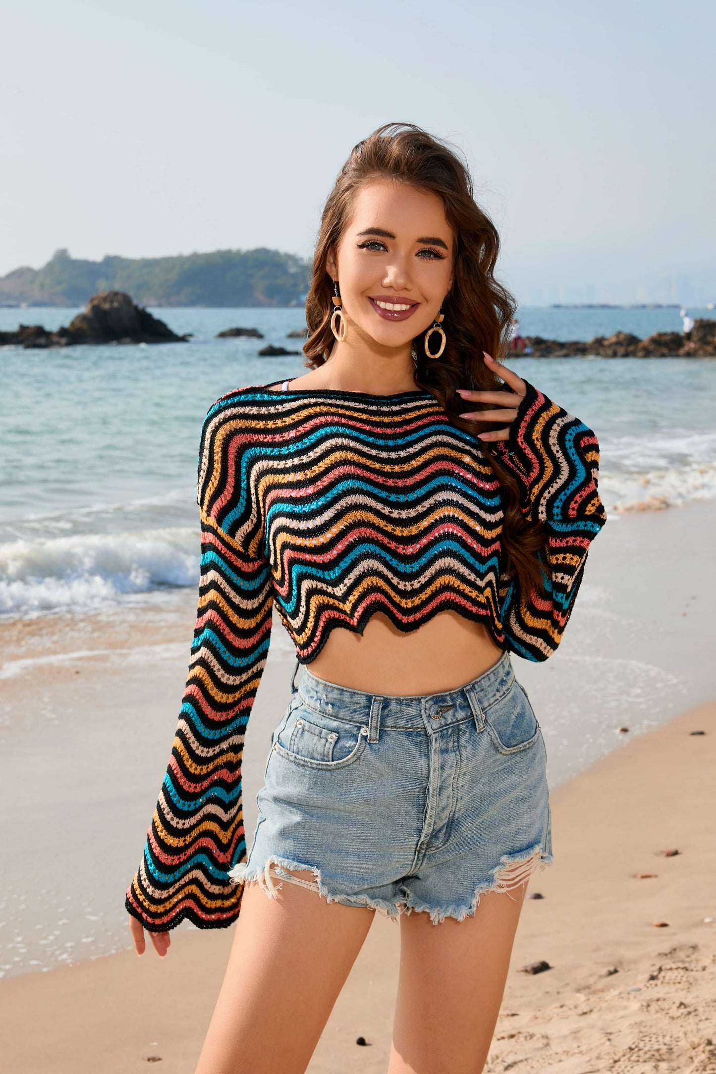 Crochet Striped Swimwear Cutout Beach Round Neck
