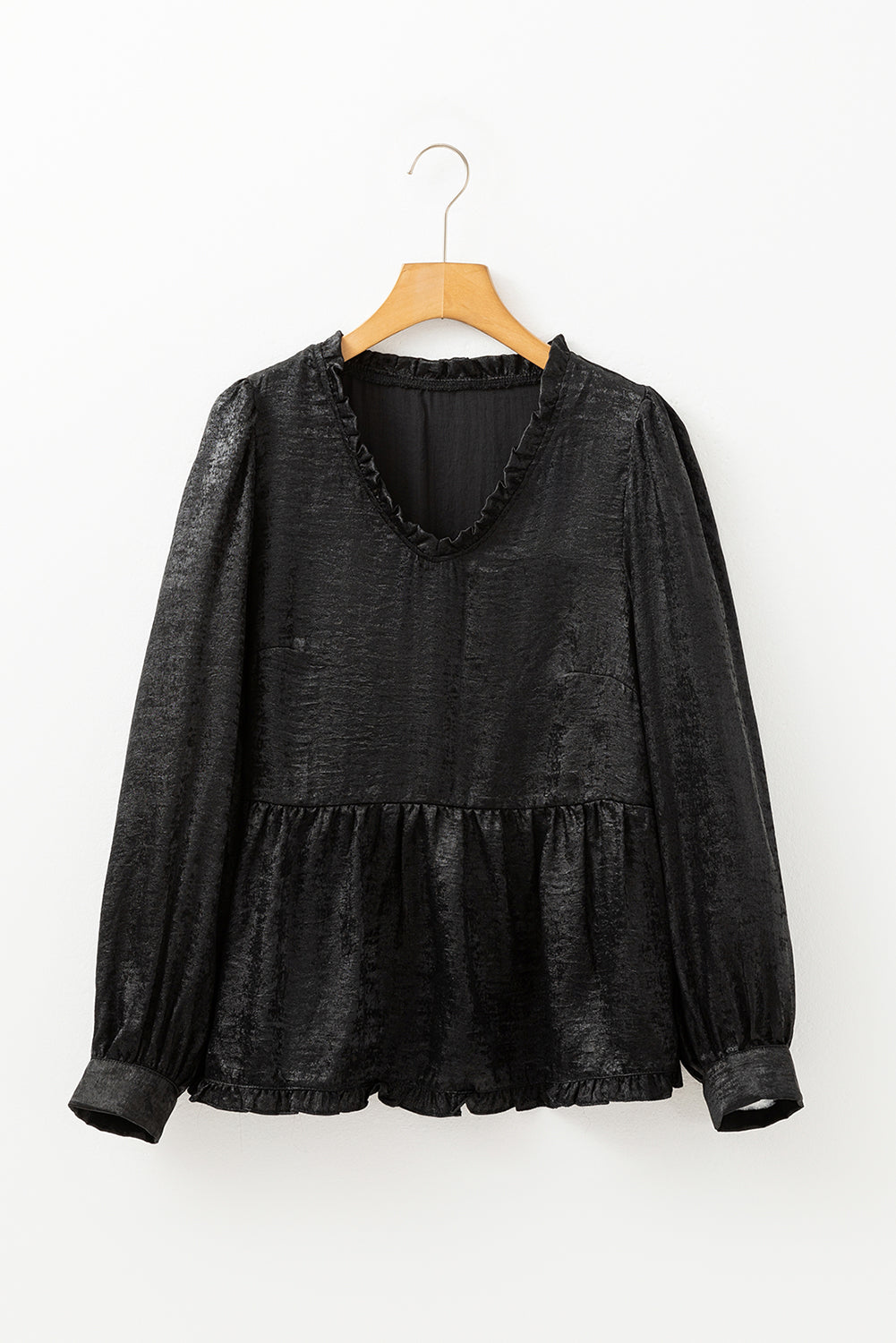 Rose Red Metallic Frilled V Neck Puff Sleeve Babydoll Blouse