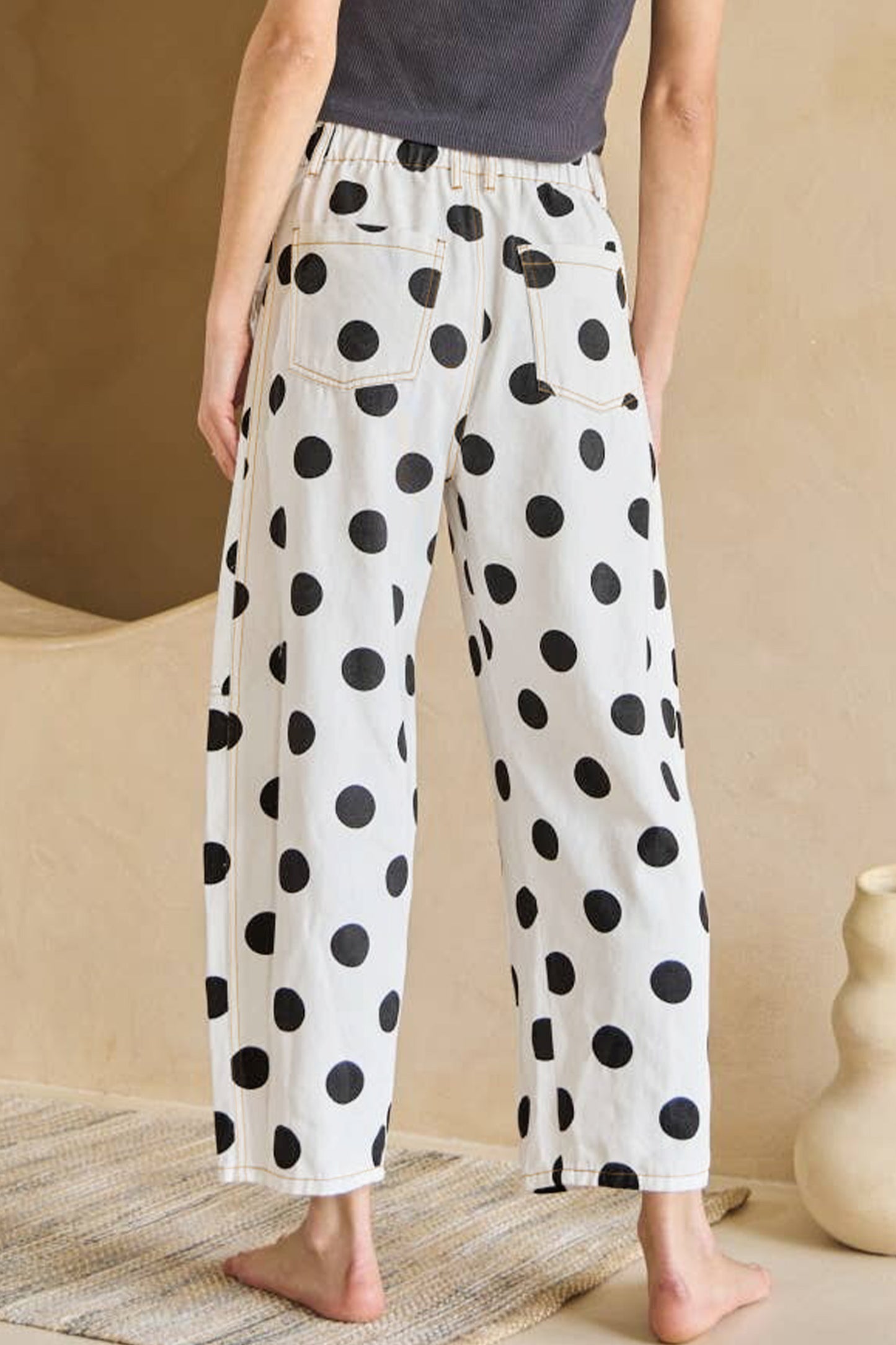 Polka Dot Cotton Jeans High Waist Bow Wide Leg