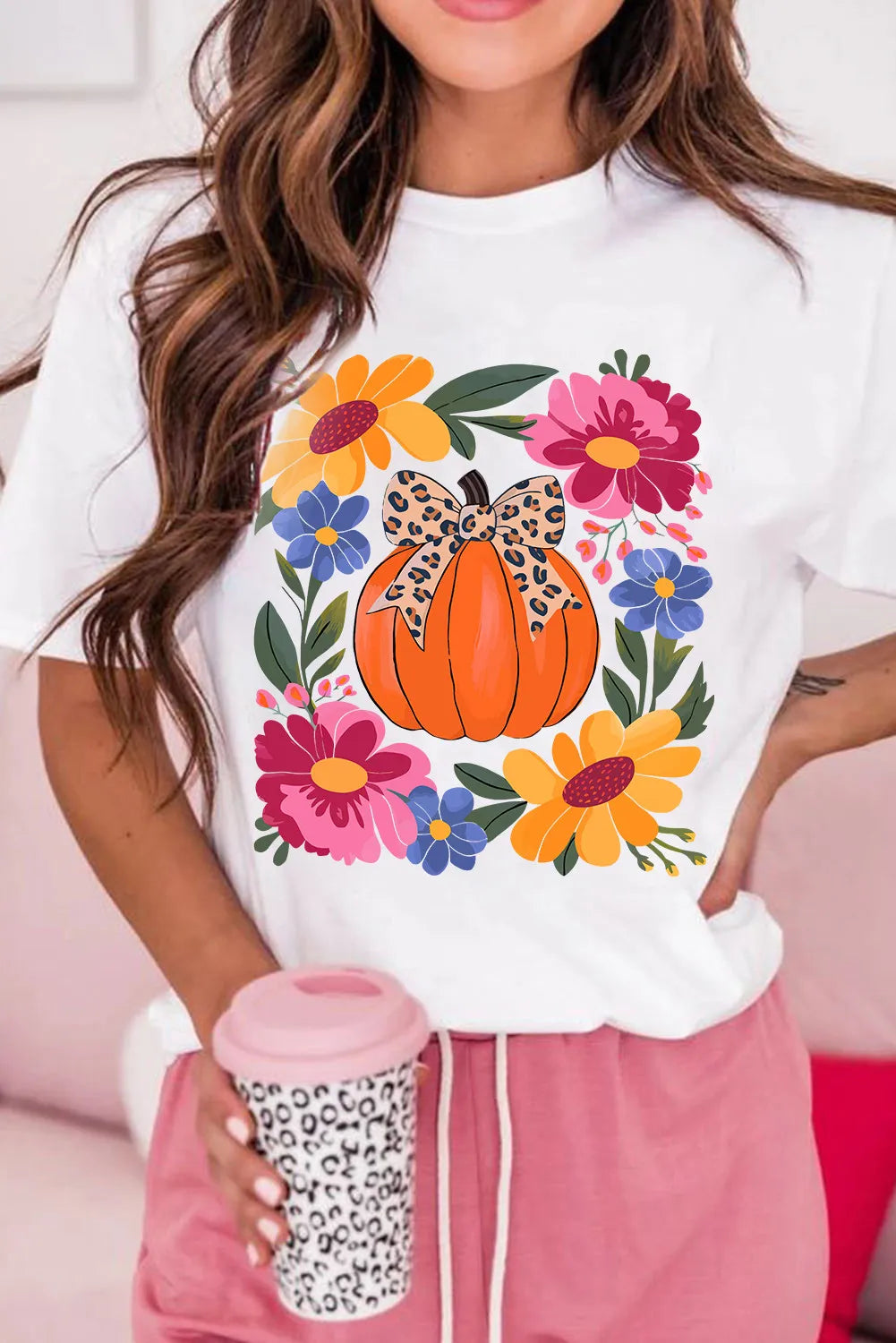 White Pumpkin Floral Graphic Thanksgiving Holiday T Shirt