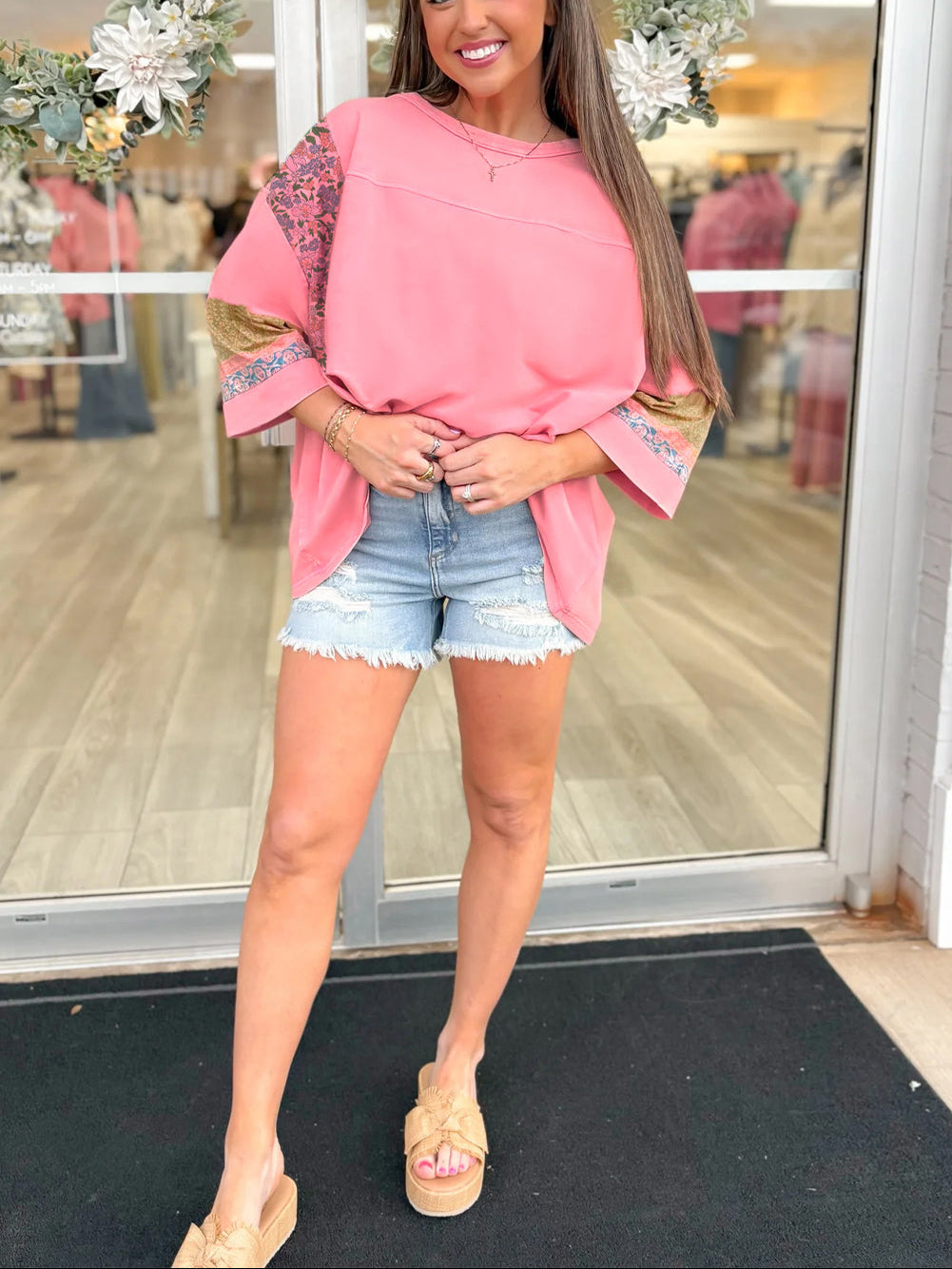 Gossamer Pink Floral Color Block Patchwork Long Sleeve Top