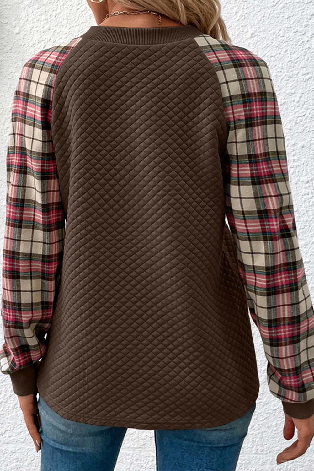 Apricot Quilted Buttoned Neckline Stand Neck Pullover Sweatshirt