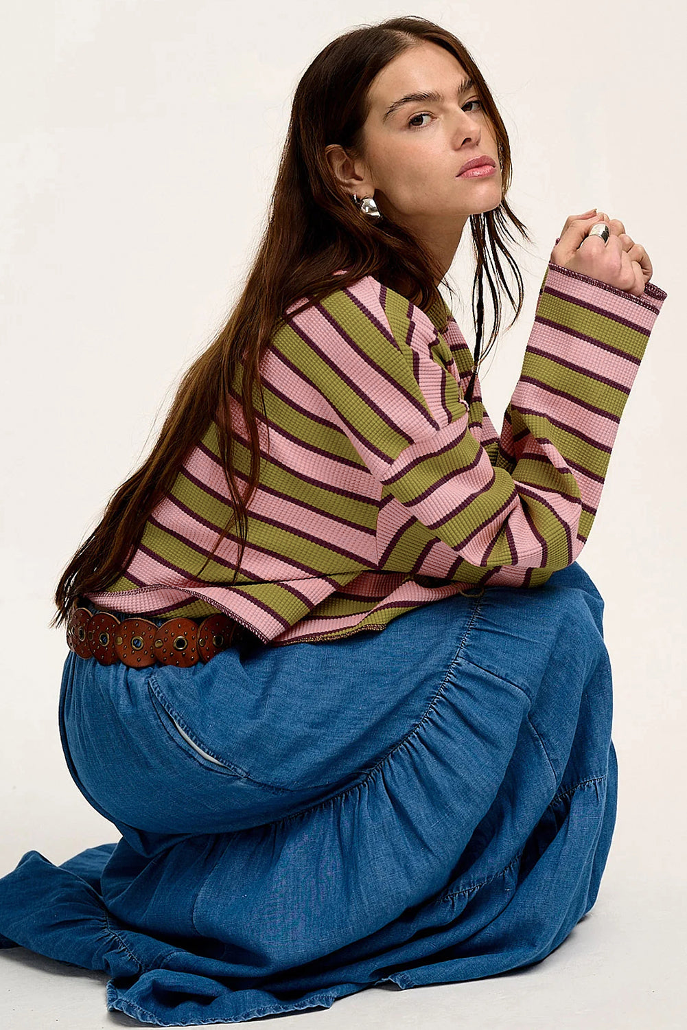 Clashing Stripes Waffle Texture Notched Neck Long Sleeve Top