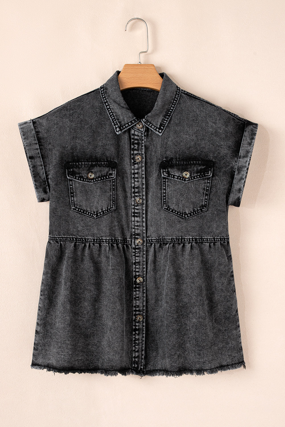 Short Sleeve Button Up Denim Shirt with Flap Pockets and Raw Hem