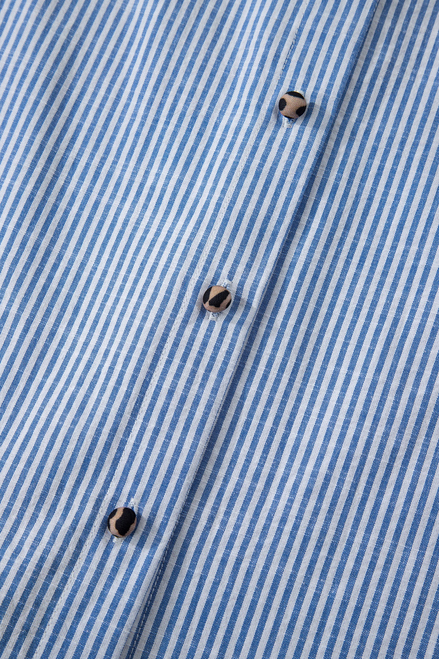 Sky Blue Stripe Contrast Frilled Leopard Trim Casual Long Sleeve Shirt