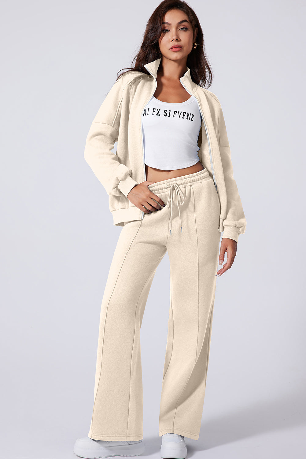 Black Drop Shoulder Zip Up Jacket Drawstring Pants Active 2pcs Set