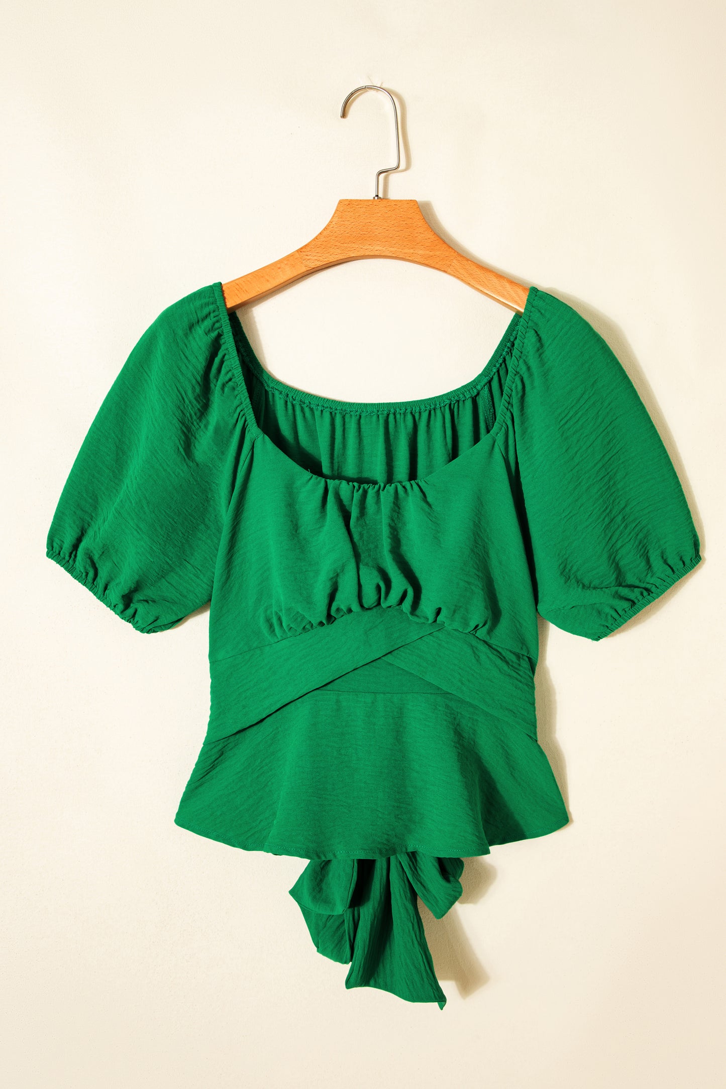 Dark Green Solid Color Ruched Crossed Waist Tied Back Short Sleeve Peplum Top