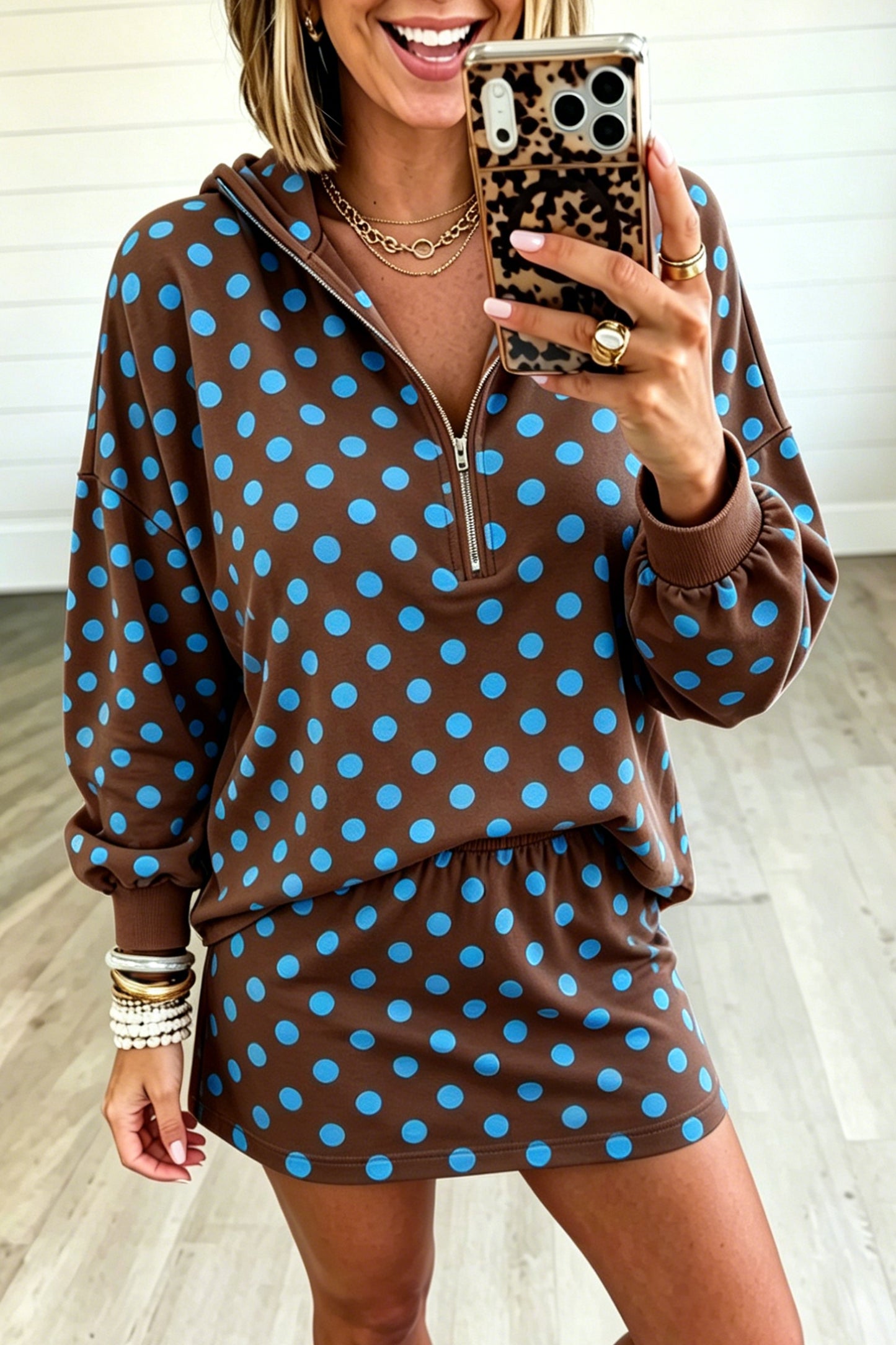Khaki Polka Dot Hooded Long Sleeve Top Casual Mini Skort Set