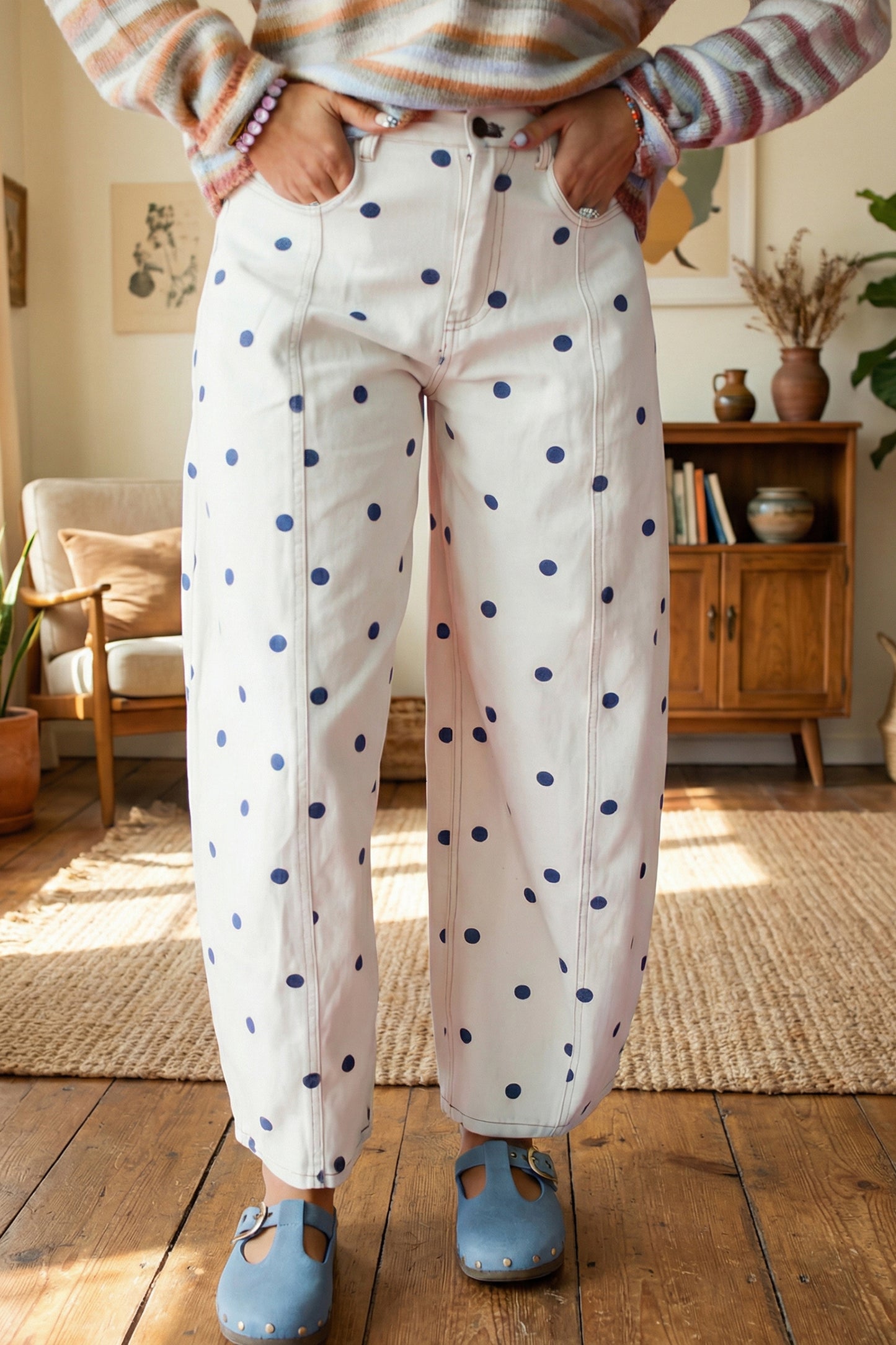 Polka Dot Cotton Jeans Casual High Waist Wide Leg