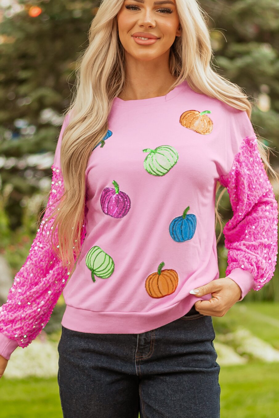 Pink Sequin Sleeve Pumpkin Pattern Thanksgiving Halloween Patchwork Pullover Top