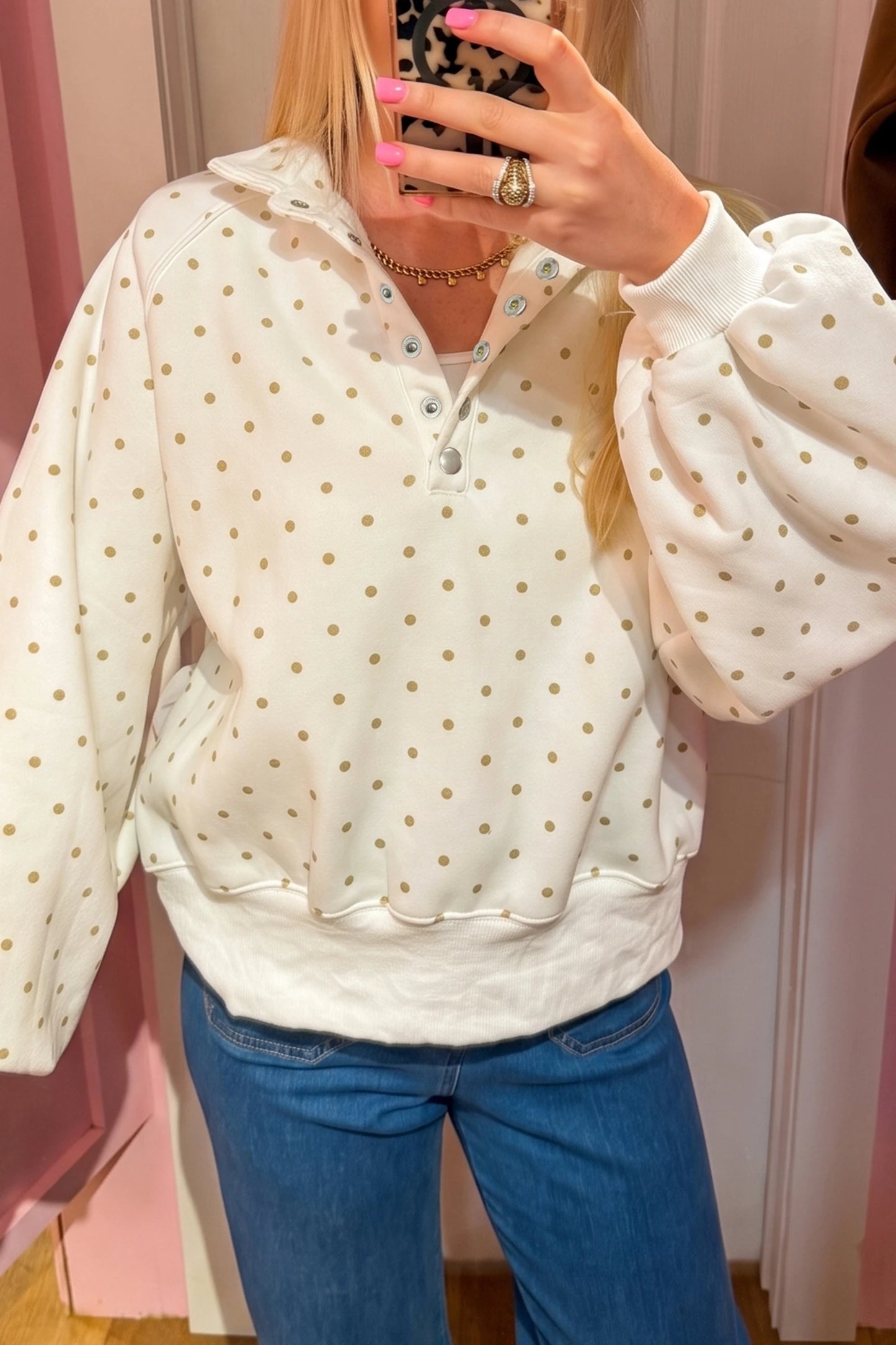 Polka Dot Print Metal Button Collar Casual Pullover Sweatshirt
