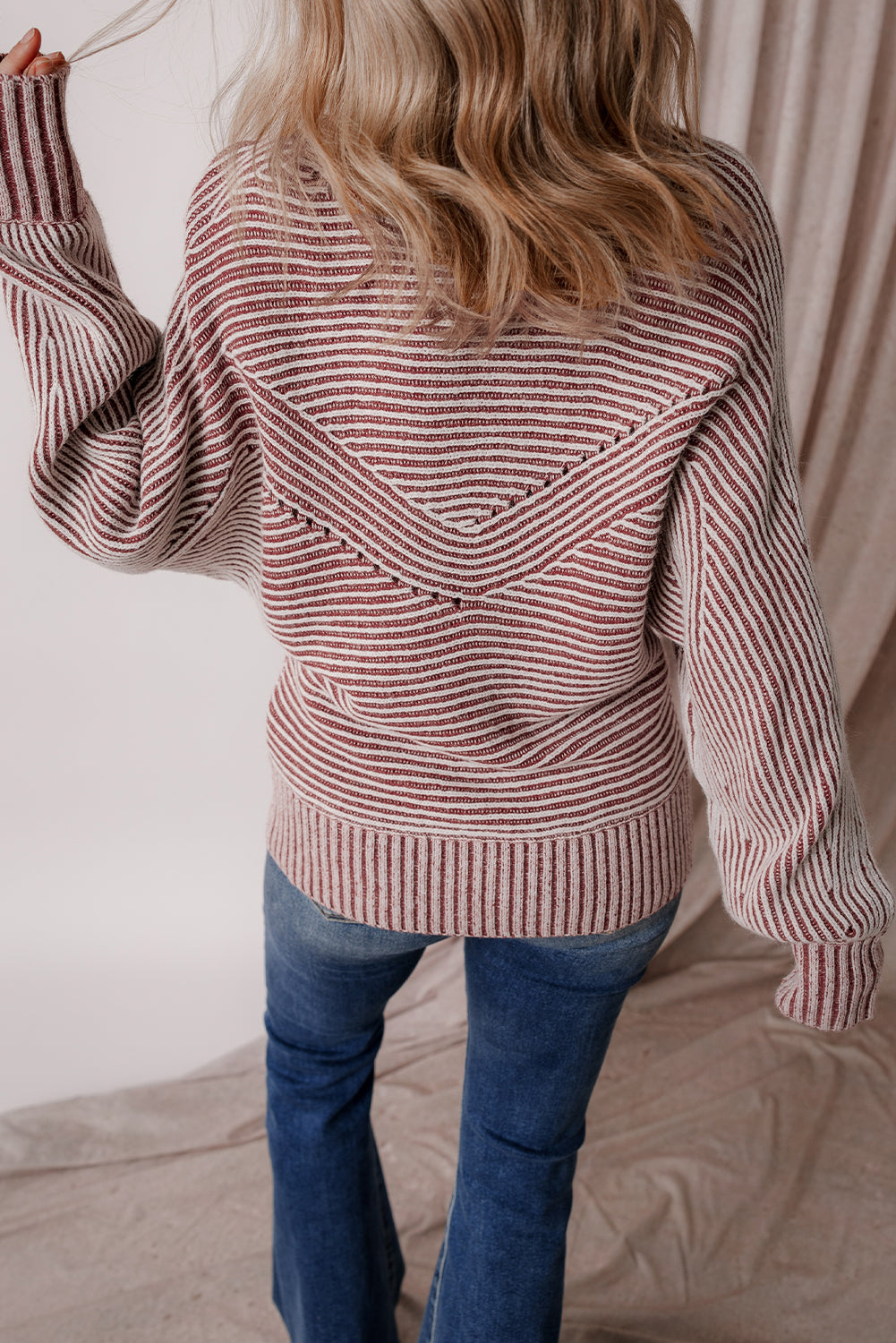 Ashleigh Blue Striped Print Ribbed Knit Boat Neck Baggy Sweater