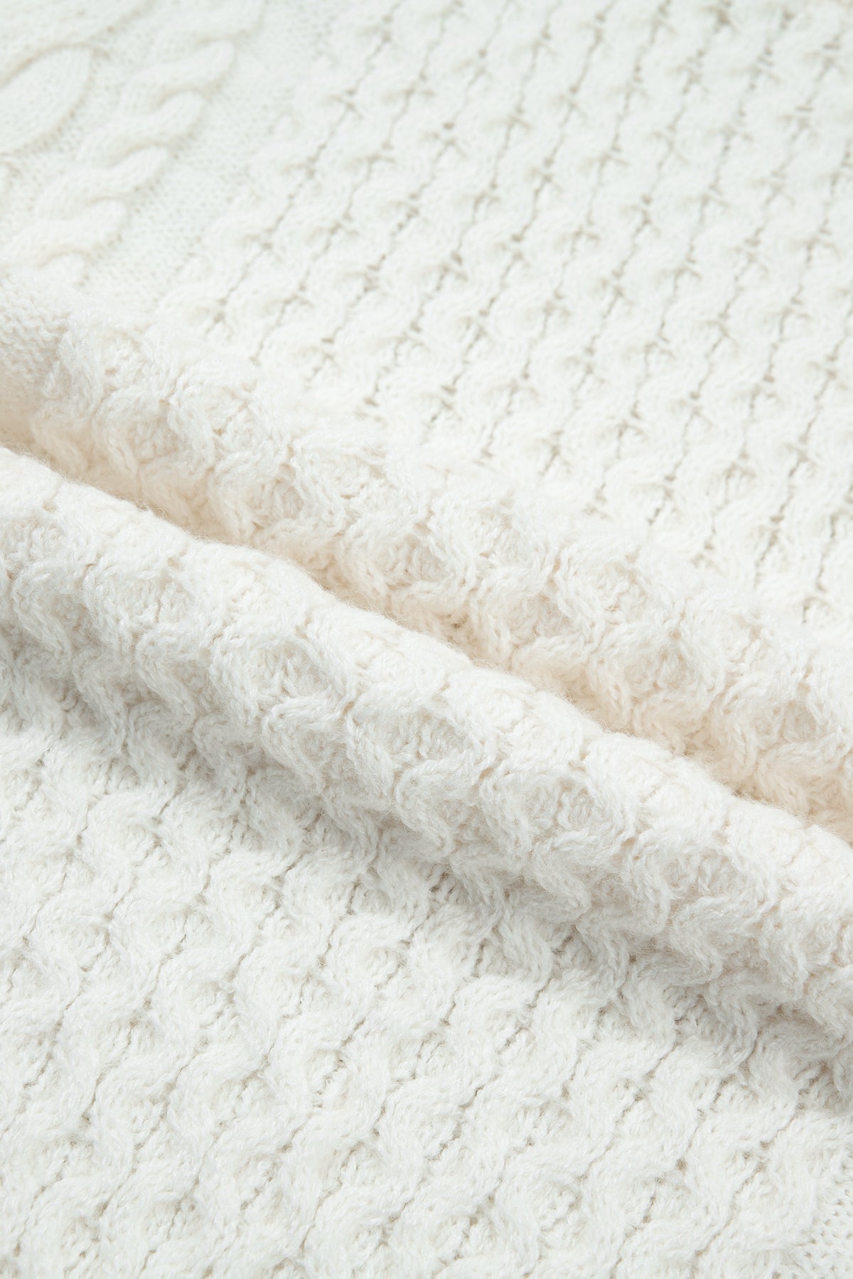 Beige Solid Color Cable Detail Knit Loose Round Neck Sweater