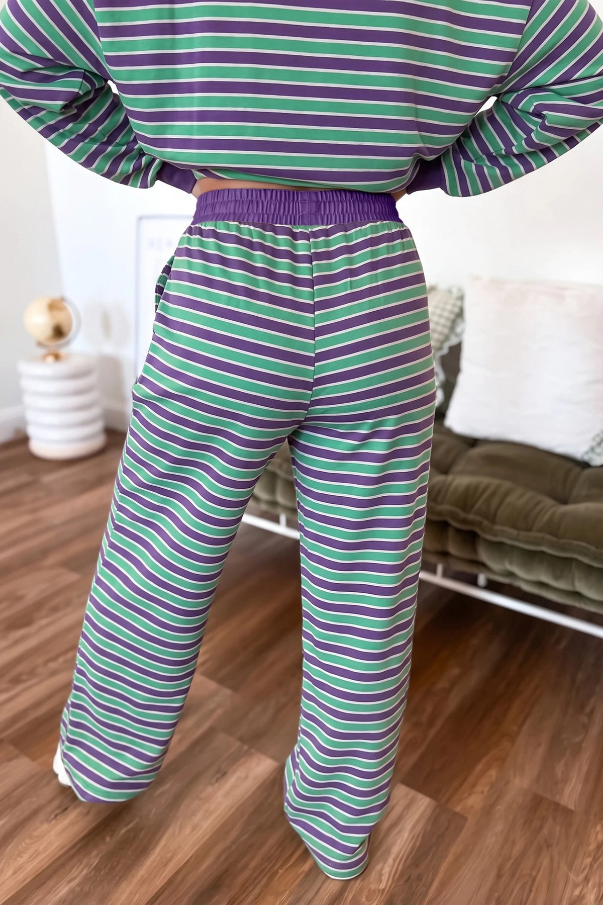 Khaki Stripe Contrast Trim Long Sleeve Top Elastic Waist Pants Set