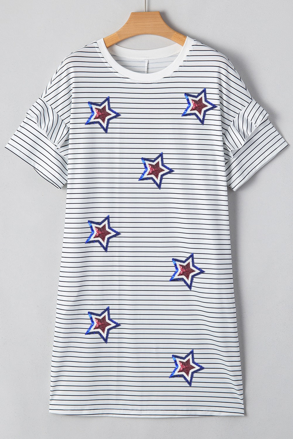 White Stripe Sequin USA Flag Star Graphic Ruffled Short Sleeve Mini Dress