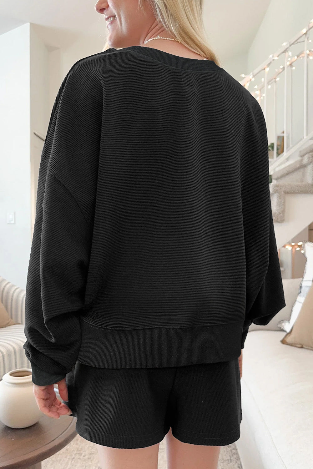 Ribbed Texture Baggy Drop Shoulder Pullover and Shorts Set