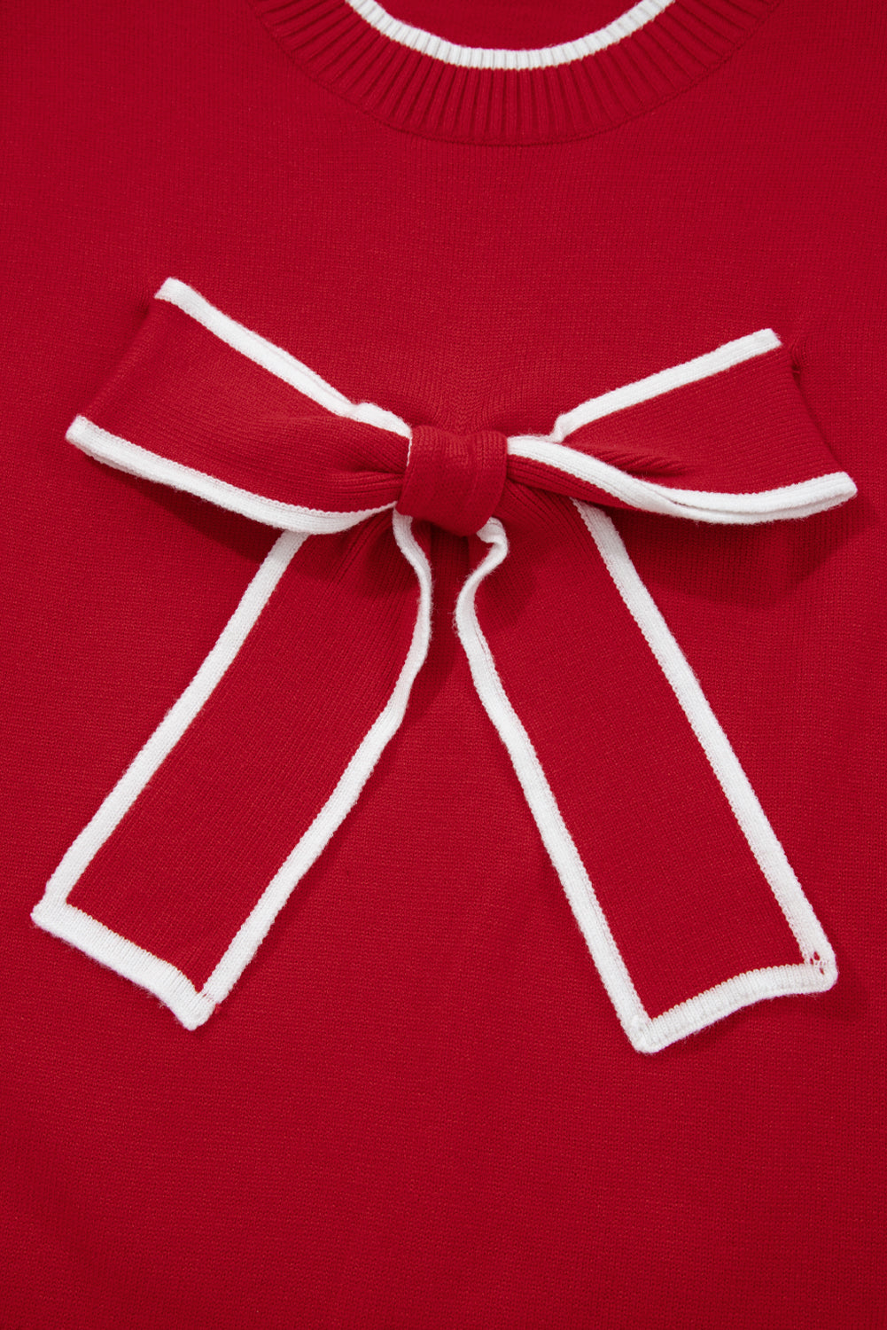 Fiery Red Contrast Trim Big Bow Accent Holiday Cropped Sweater