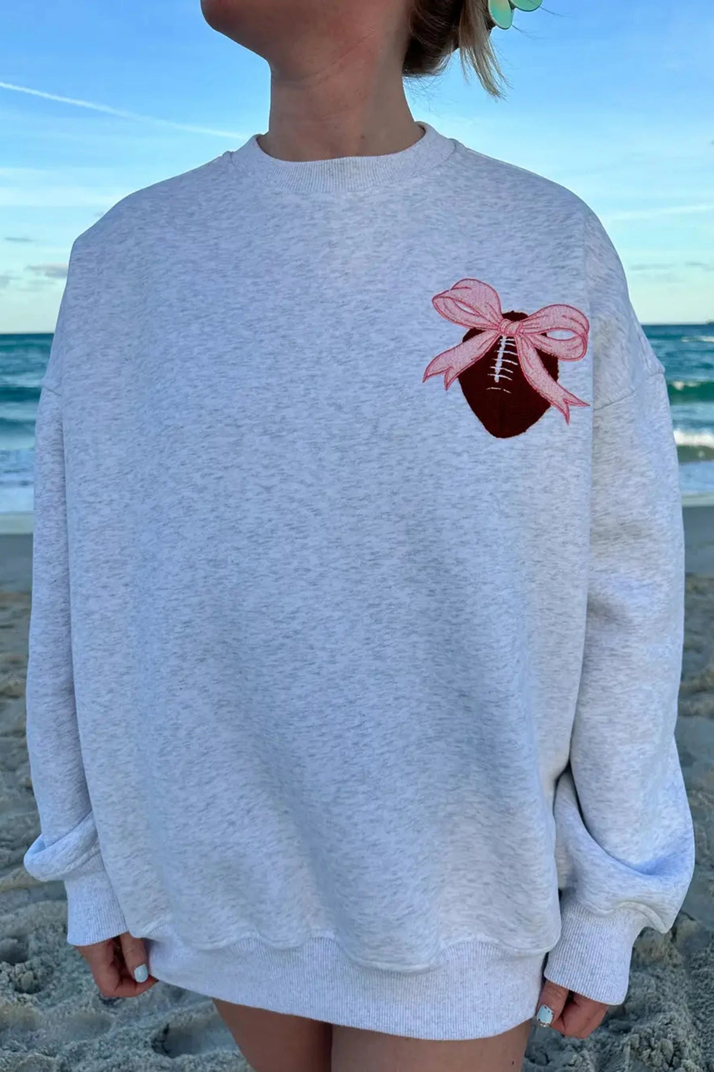 Embroidered Football Bow Back Long Sleeve Tunic Sweatshirt