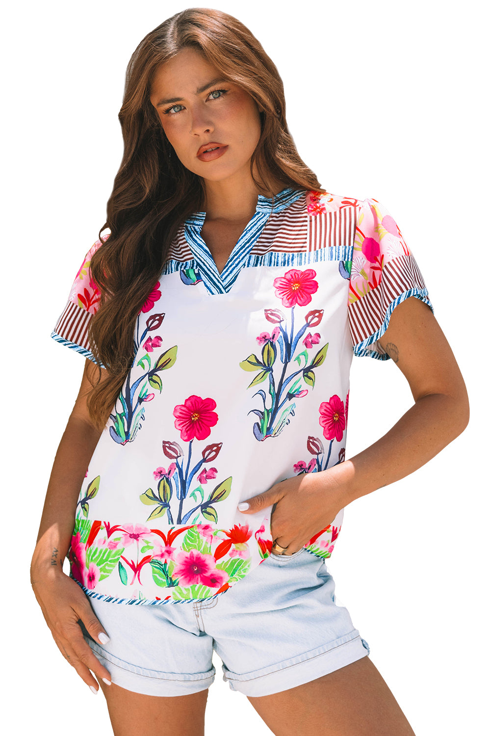 Pink Floral Striped Patchwork Short Sleeve Split Neck Blouse