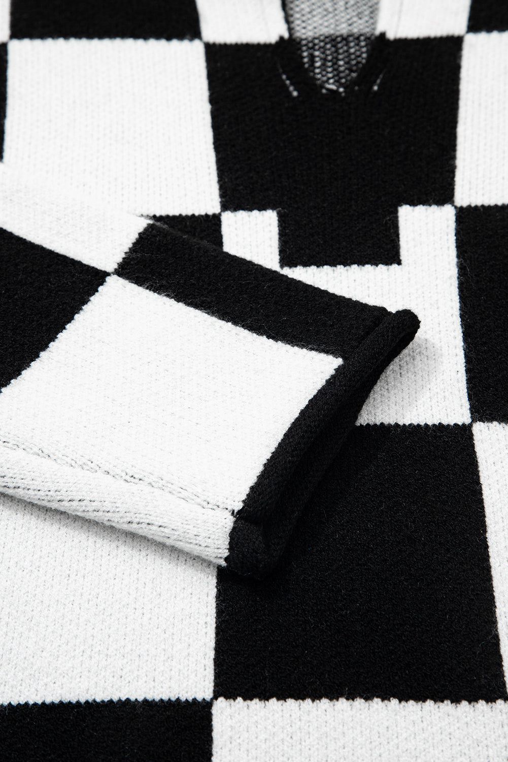 Green Checked Notched Neckline Drop Shoulder Knit Sweater