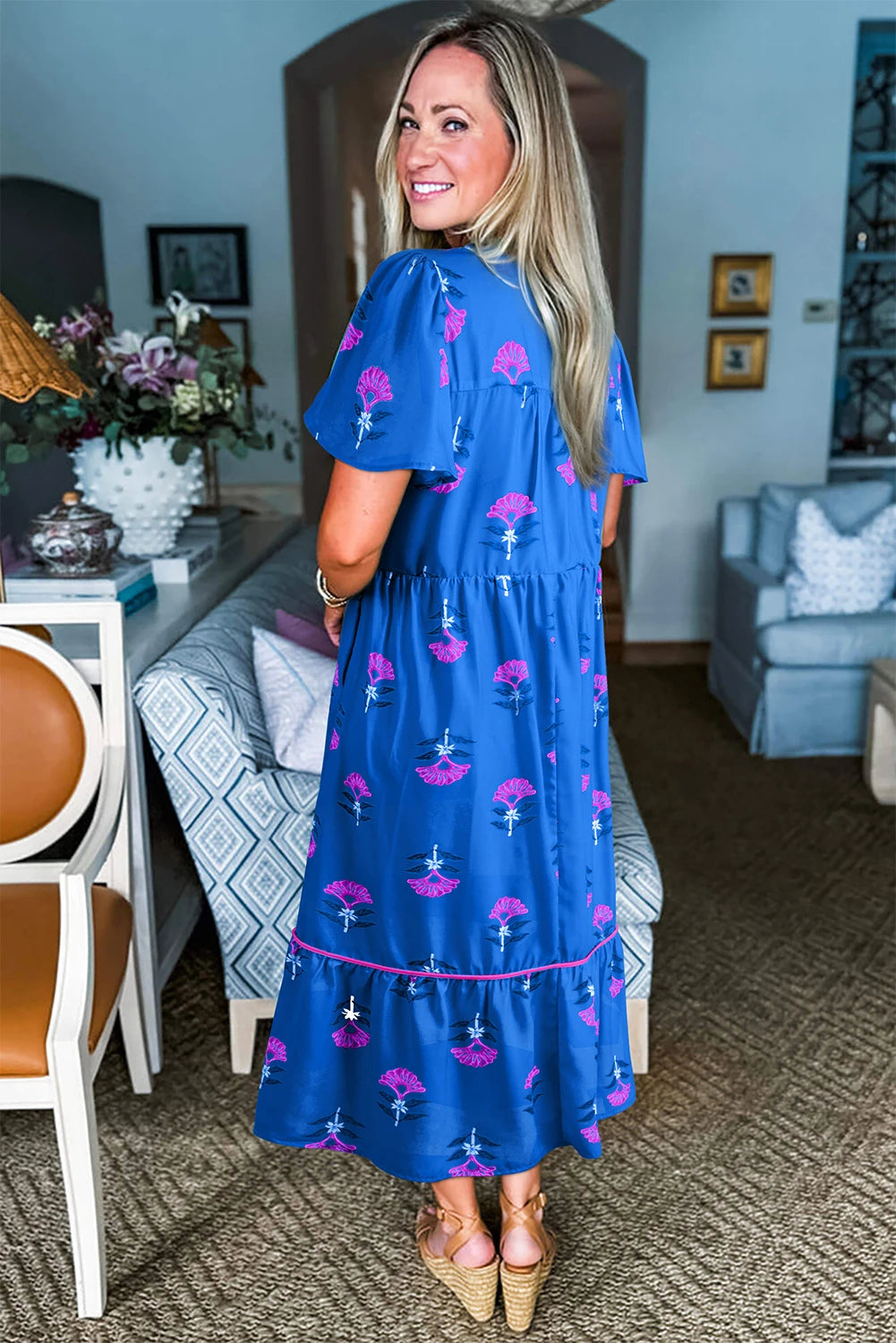 Floral Print Notched Neck Butterfly Sleeve Shift Long Dress