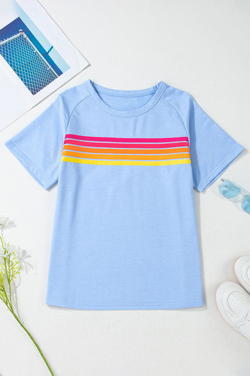 Solid Color Striped Patch Front Casual Tee