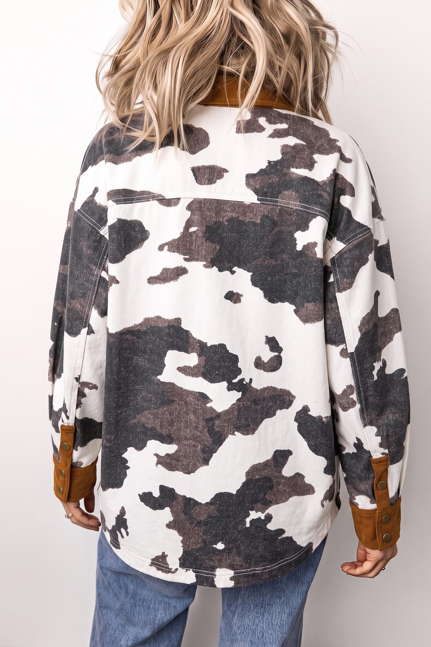 Multicolour Western Cow Print Long Sleeve Button-Up Denim Jacket  Item