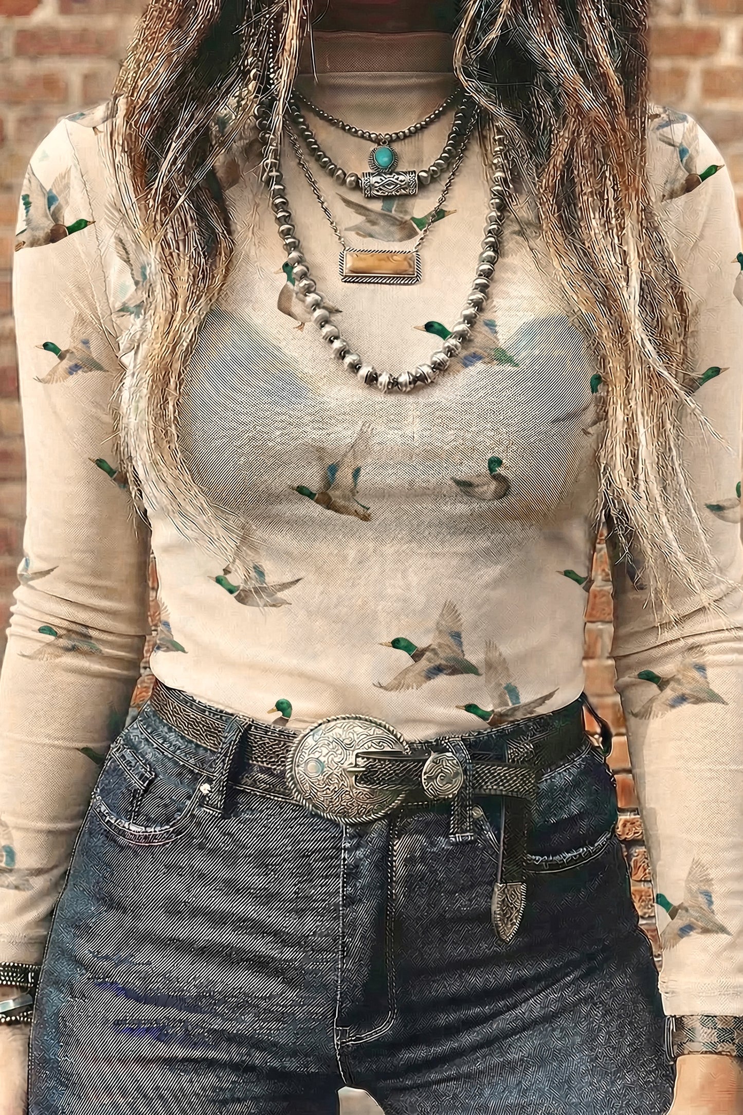 Western Duck Print Mesh Top Western High Neck Fitted