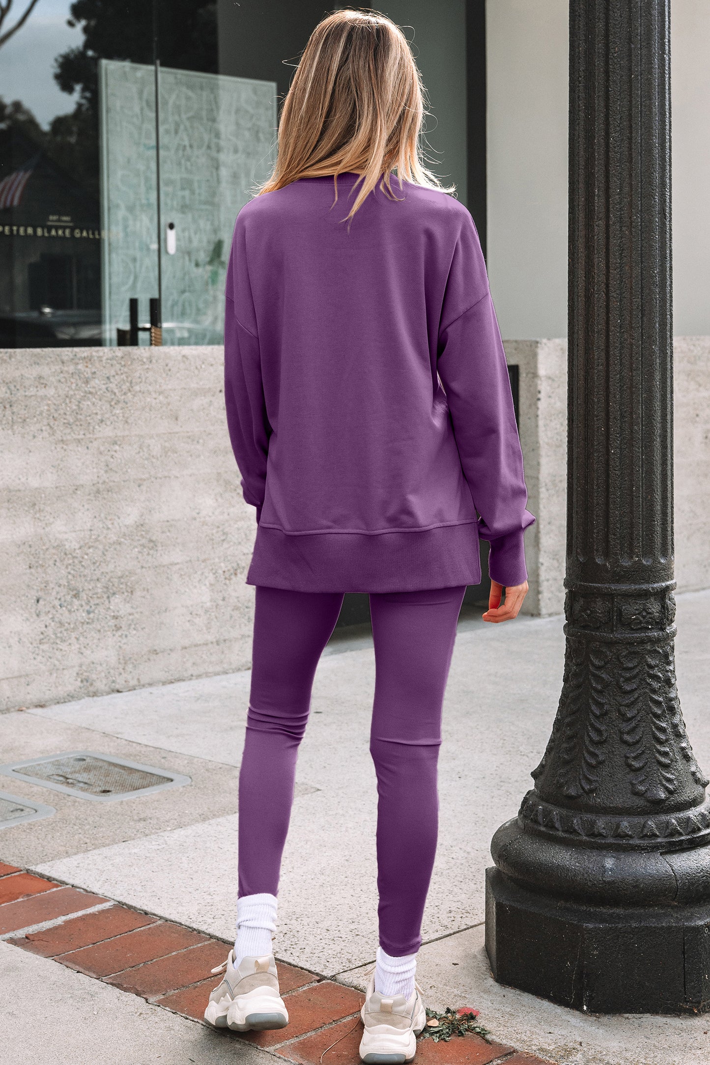 Jet Stream Solid Color Oversize Slit Sweatshirt Ribbed Leggings 2pcs Set